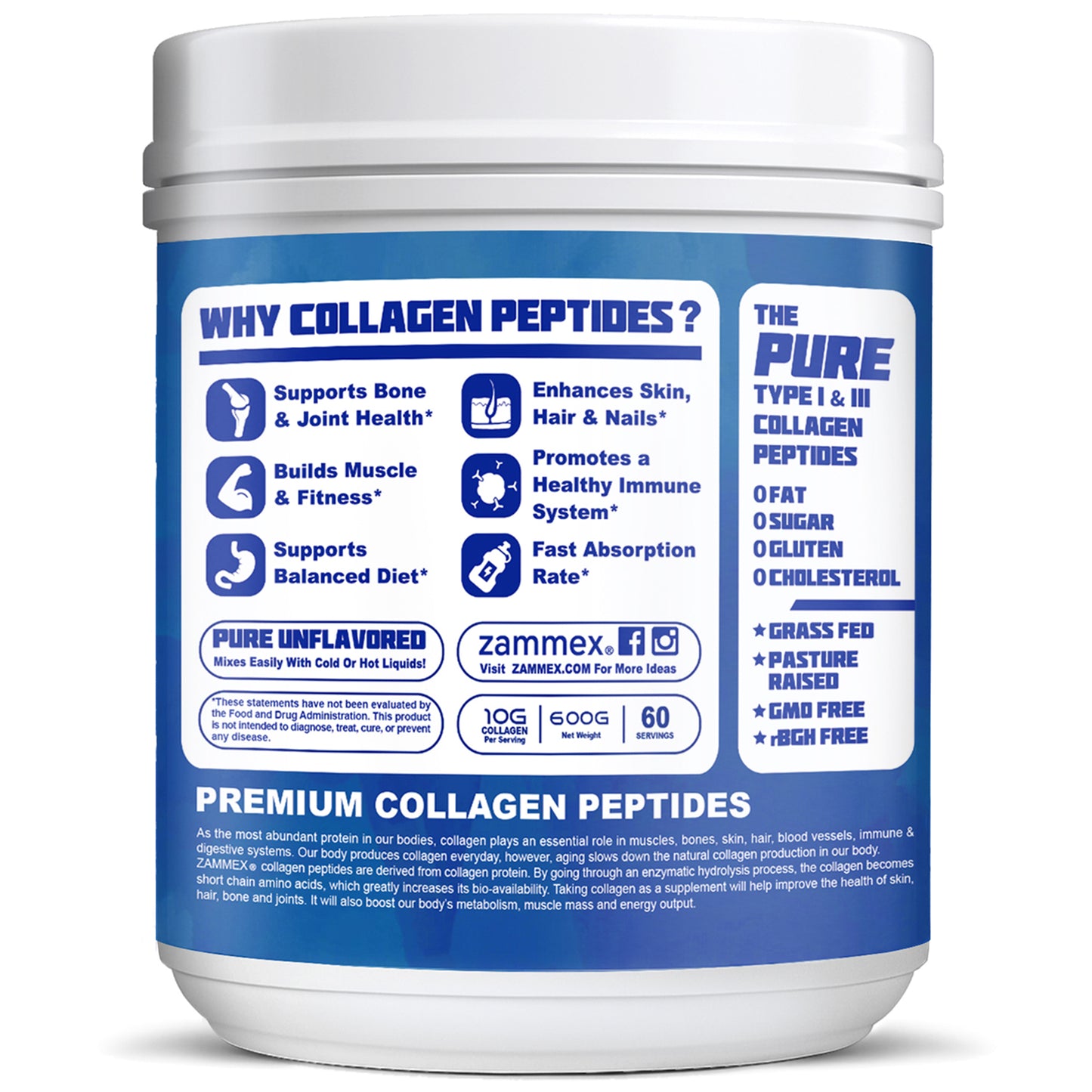 Zammex Hydrolyzed Collagen Peptides Powder 1.32lb Unflavoured