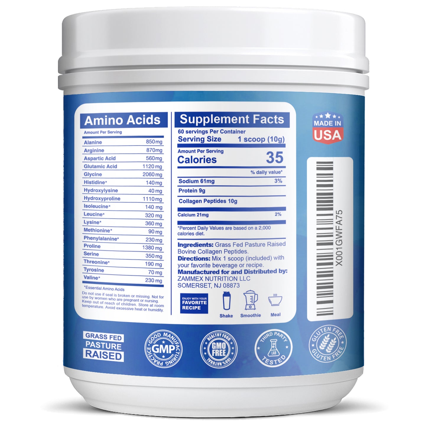 Zammex Hydrolyzed Collagen Peptides Powder 1.32lb Unflavoured
