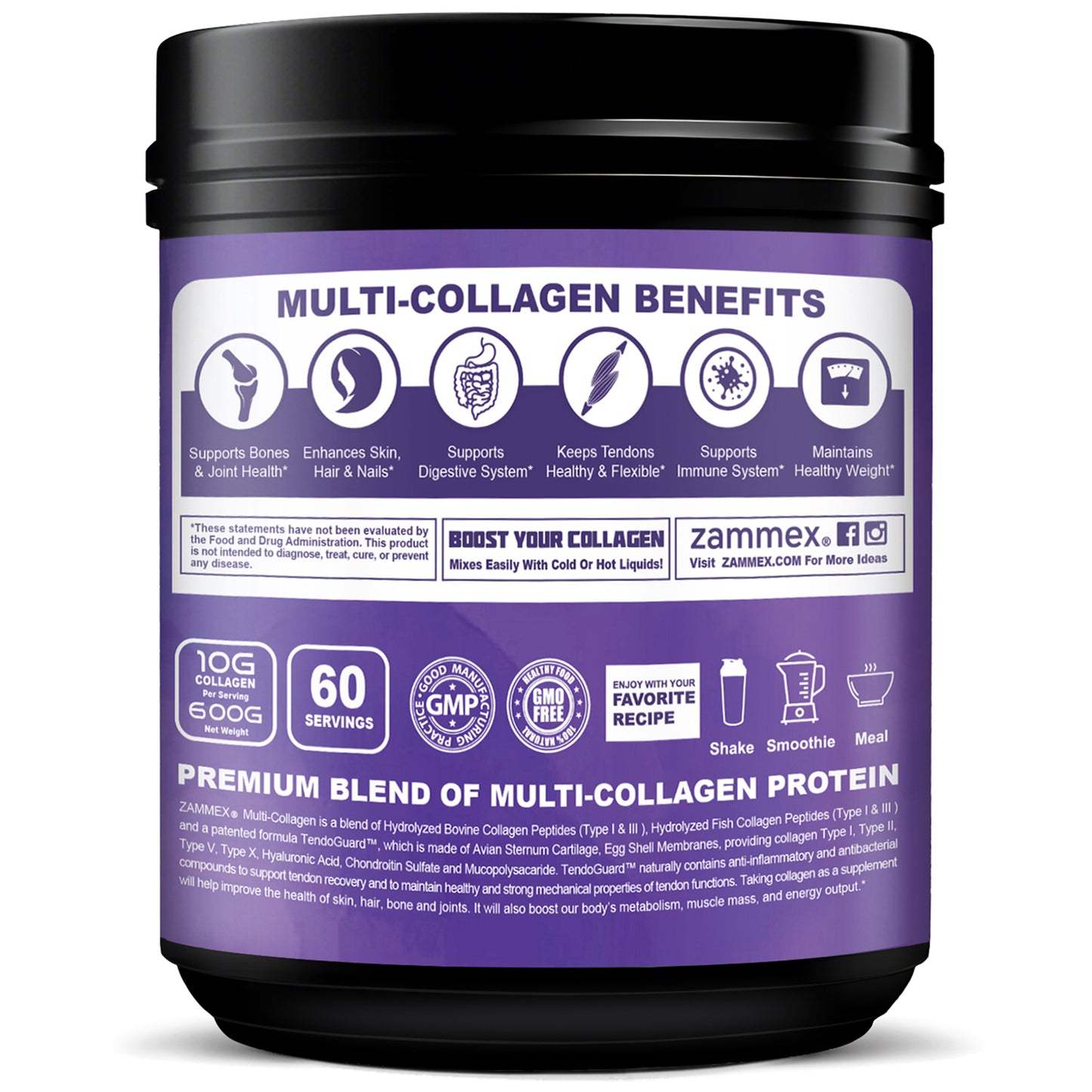 Zammex Nutrition Multi Collagen Protein Powder 1.32lb Unflavored
