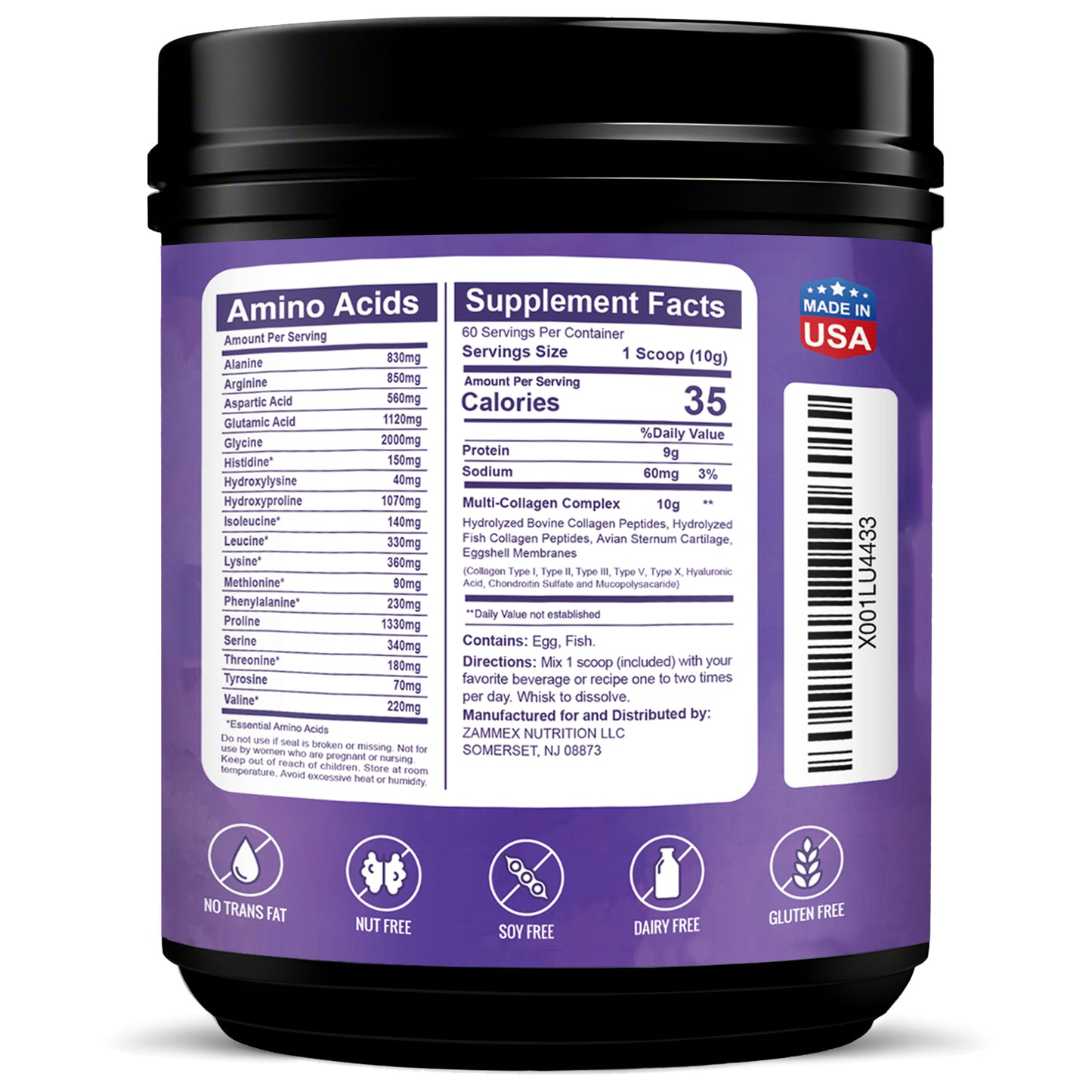 Zammex Nutrition Multi Collagen Protein Powder 1.32lb Unflavored