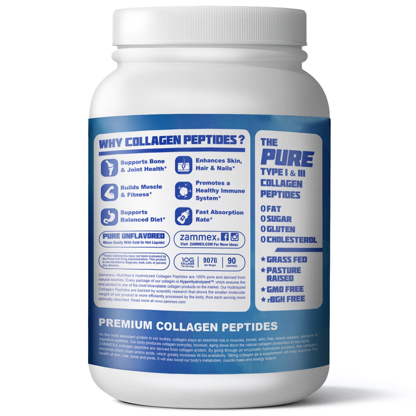 Zammex Hydrolyzed Collagen Peptides Powder 2 lbs Unflavoured