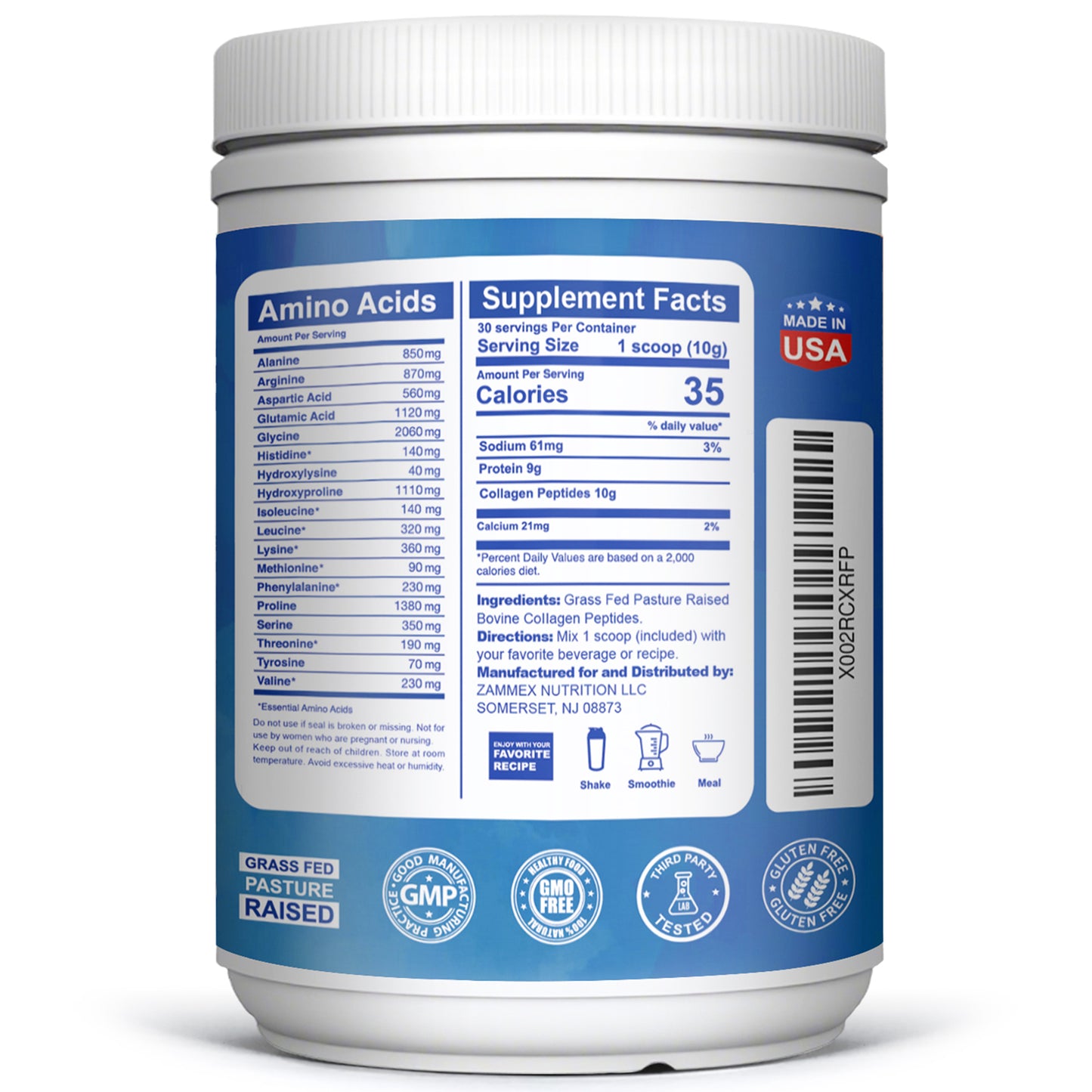 Zammex Hydrolyzed Collagen Peptides Powder 10.58oz Unflavoured