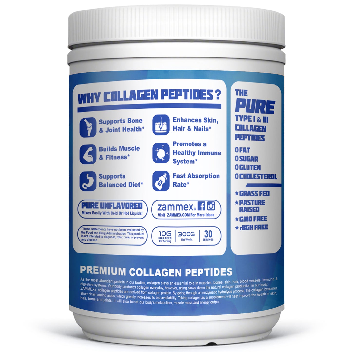 Zammex Hydrolyzed Collagen Peptides Powder 10.58oz Unflavoured