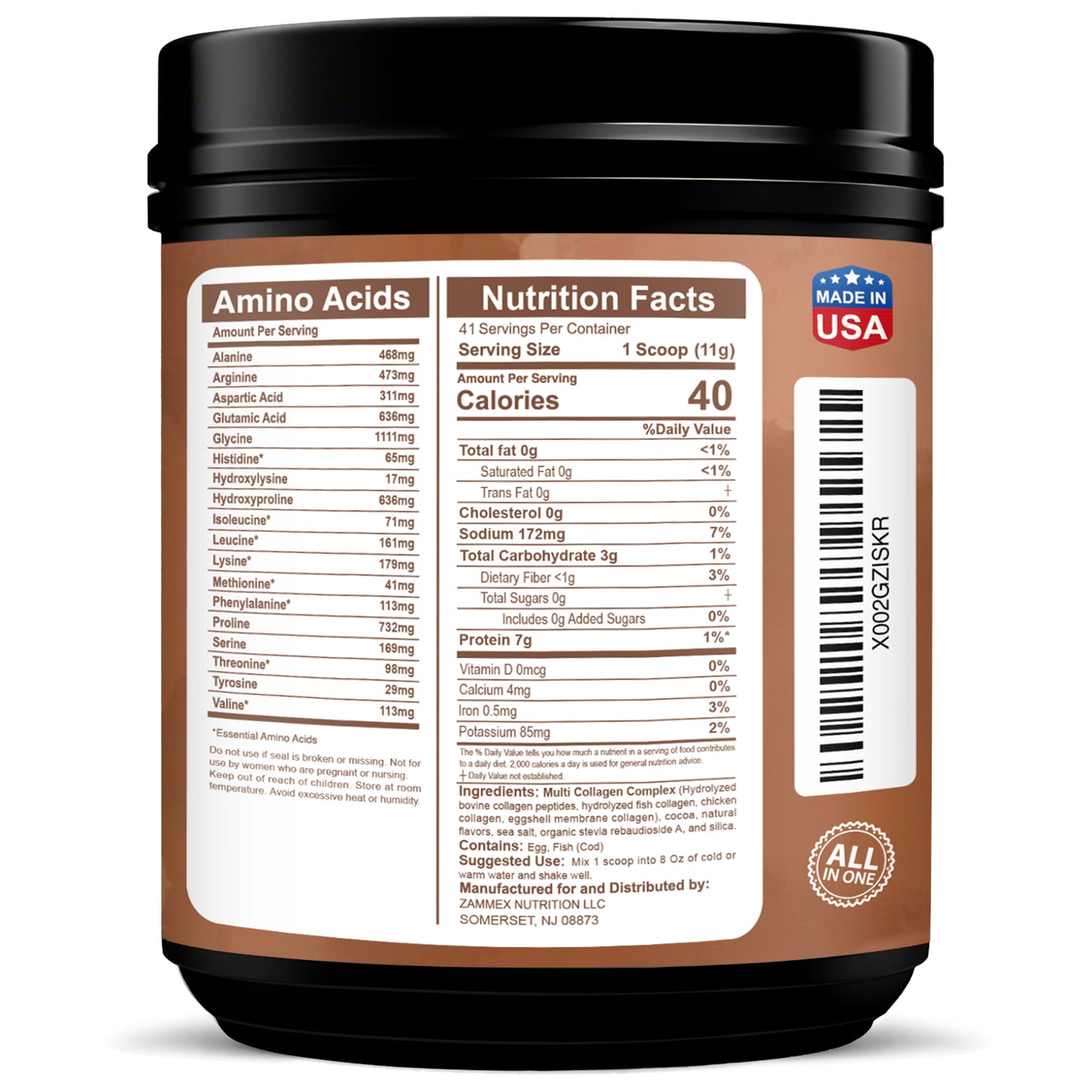 Zammex Multi Collagen Protein Powder 1lb Chocolate Coconut Flavor