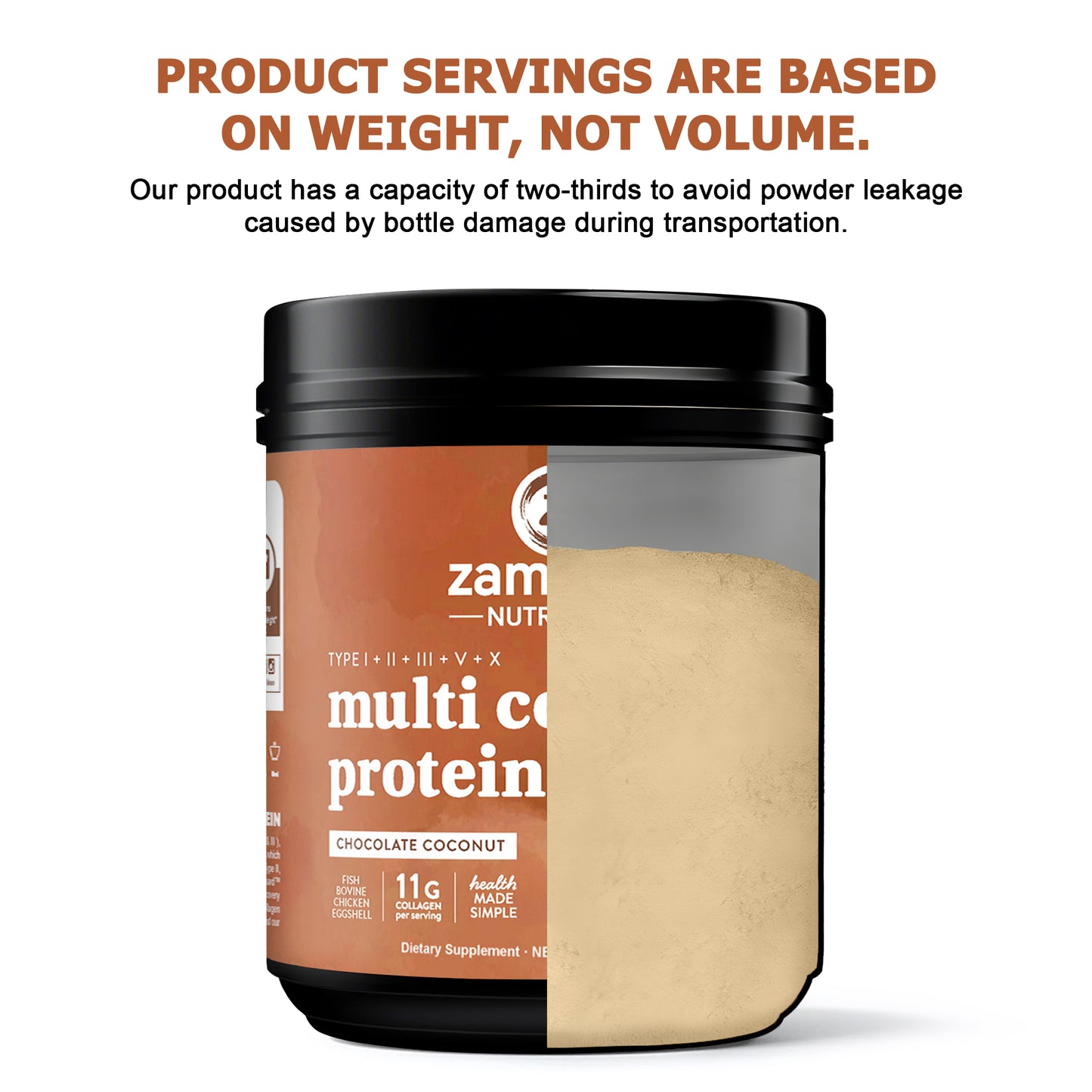 Zammex Multi Collagen Protein Powder 1lb Chocolate Coconut Flavor