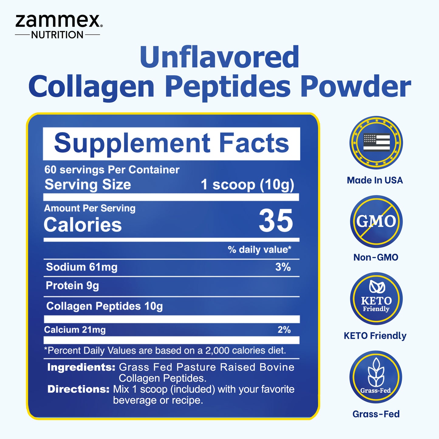 Zammex Hydrolyzed Collagen Peptides Powder 1.32lb, 18 Amino Acids, Flavorless, Non-GMO, Gluten-Free, Dietary and Beauty Edible Nutrition Supplement