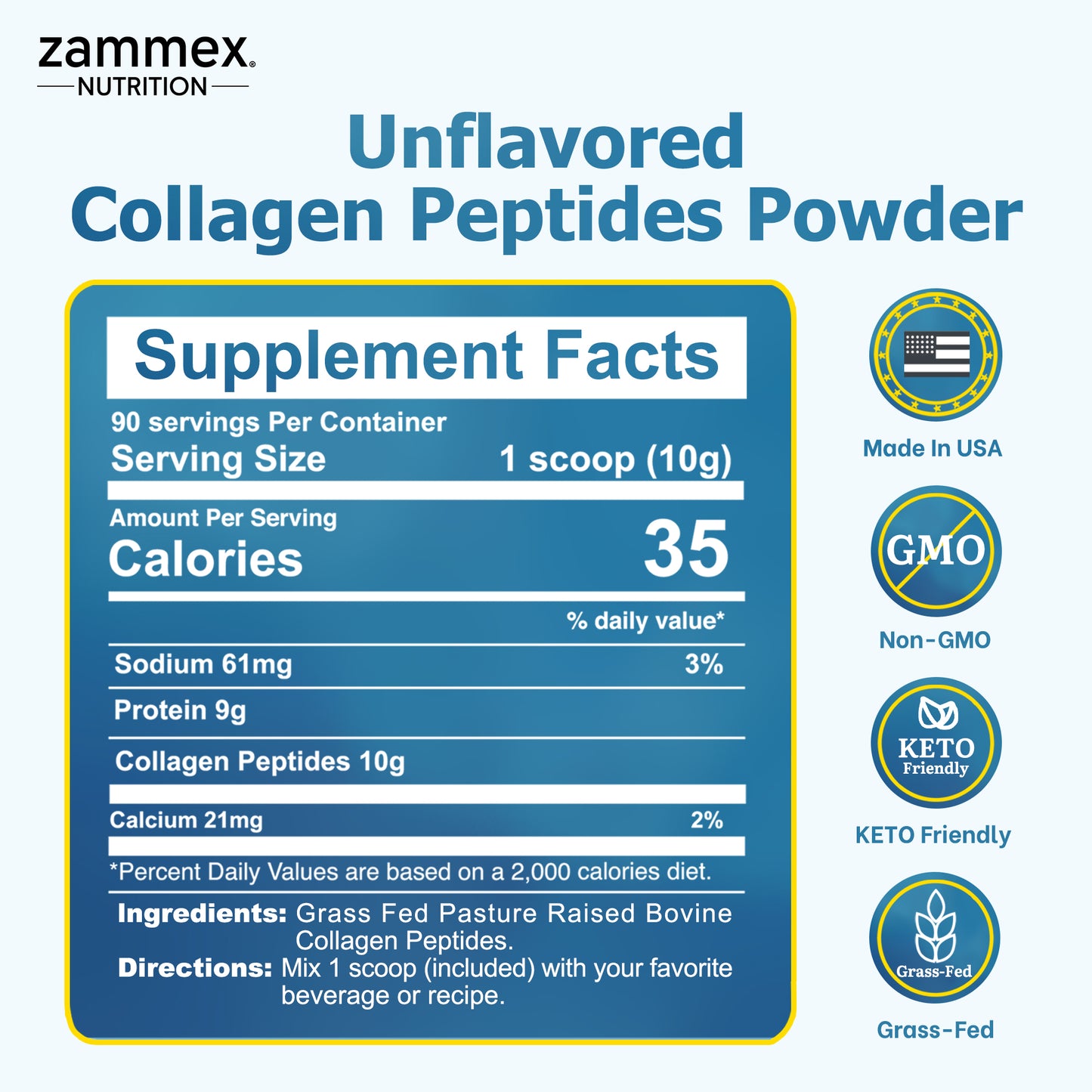 Zammex Hydrolyzed Collagen Peptides Powder 2 lbs Unflavoured