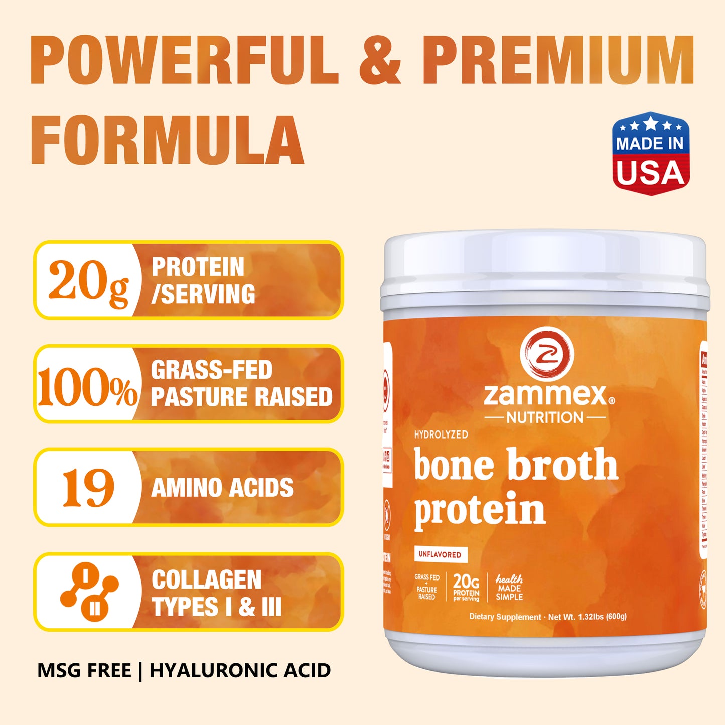 Zammex Hydrolyzed Bone Broth Protein Powder Natural Flavor 1.32 lb, Healthcare Beef Bone Broth Collagen Peptides Supplement Support Joint Fitness
