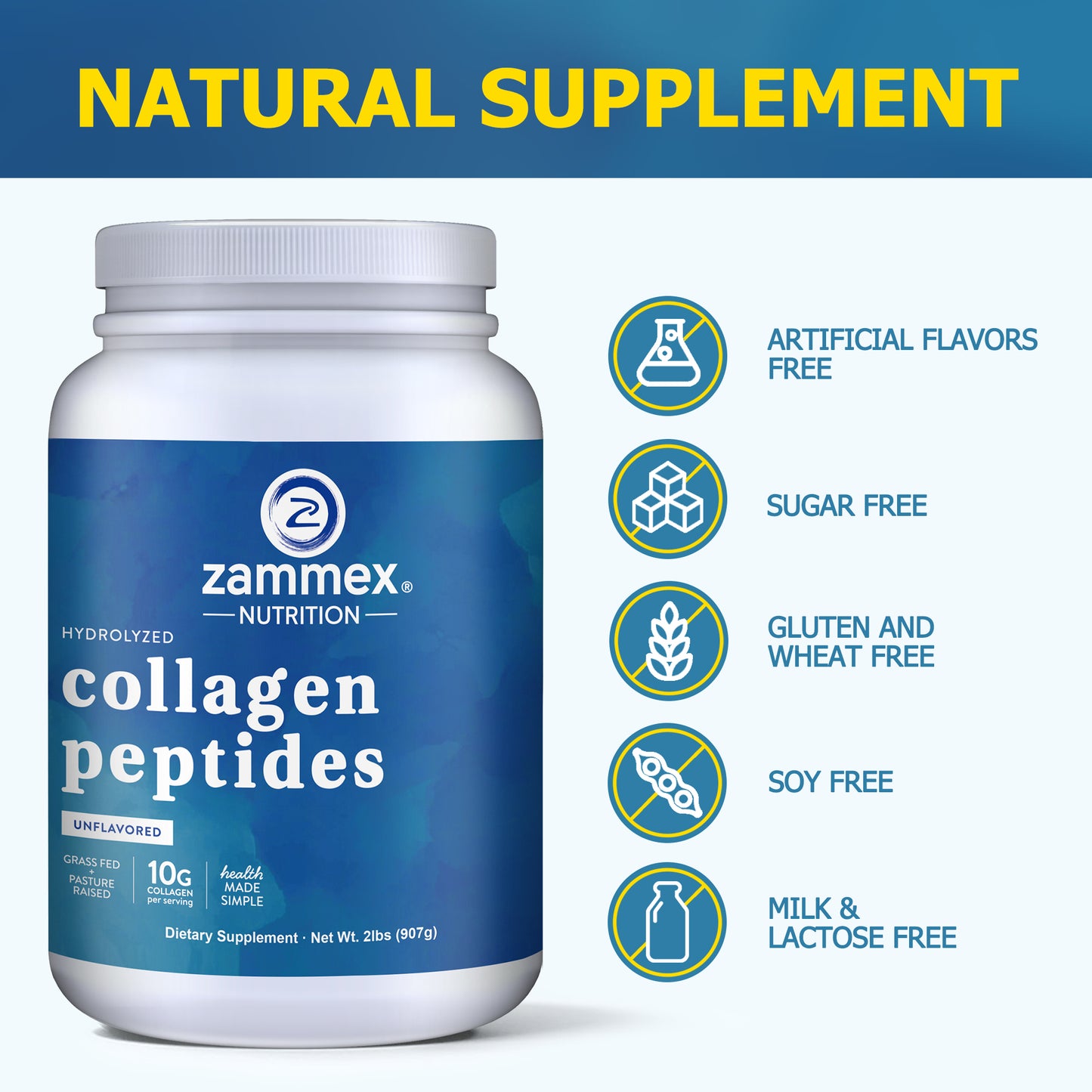 Zammex Hydrolyzed Collagen Peptides Powder 2 lbs Unflavoured