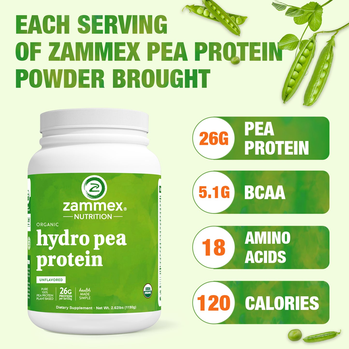 Zammex Organic Hydrolyzed Pea Protein 2.62lb, Vegan Friendly, Non-GMO, Edible Pure Plant-Based Protein, Fitness and Nutrition Supplement
