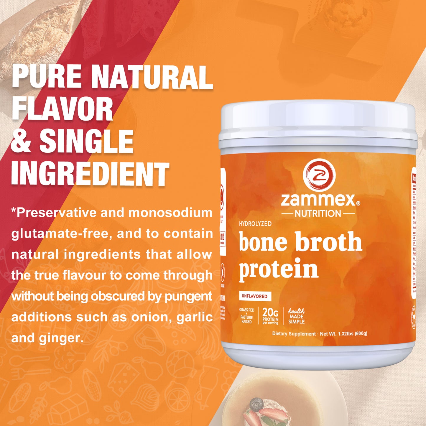 Zammex Hydrolyzed Bone Broth Protein Powder Natural Flavor 1.32 lb, Healthcare Beef Bone Broth Collagen Peptides Supplement Support Joint Fitness