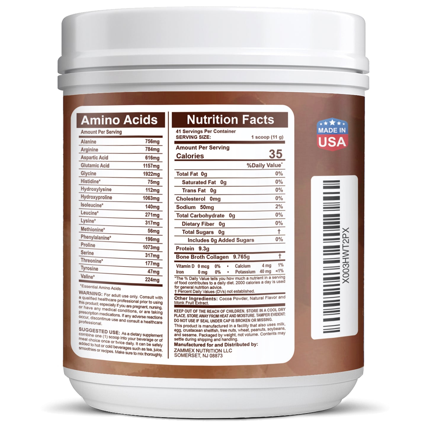 Zammex Chocolate Bone Broth Protein Powder made in the USA, manufactured in cGMP-certified facility.