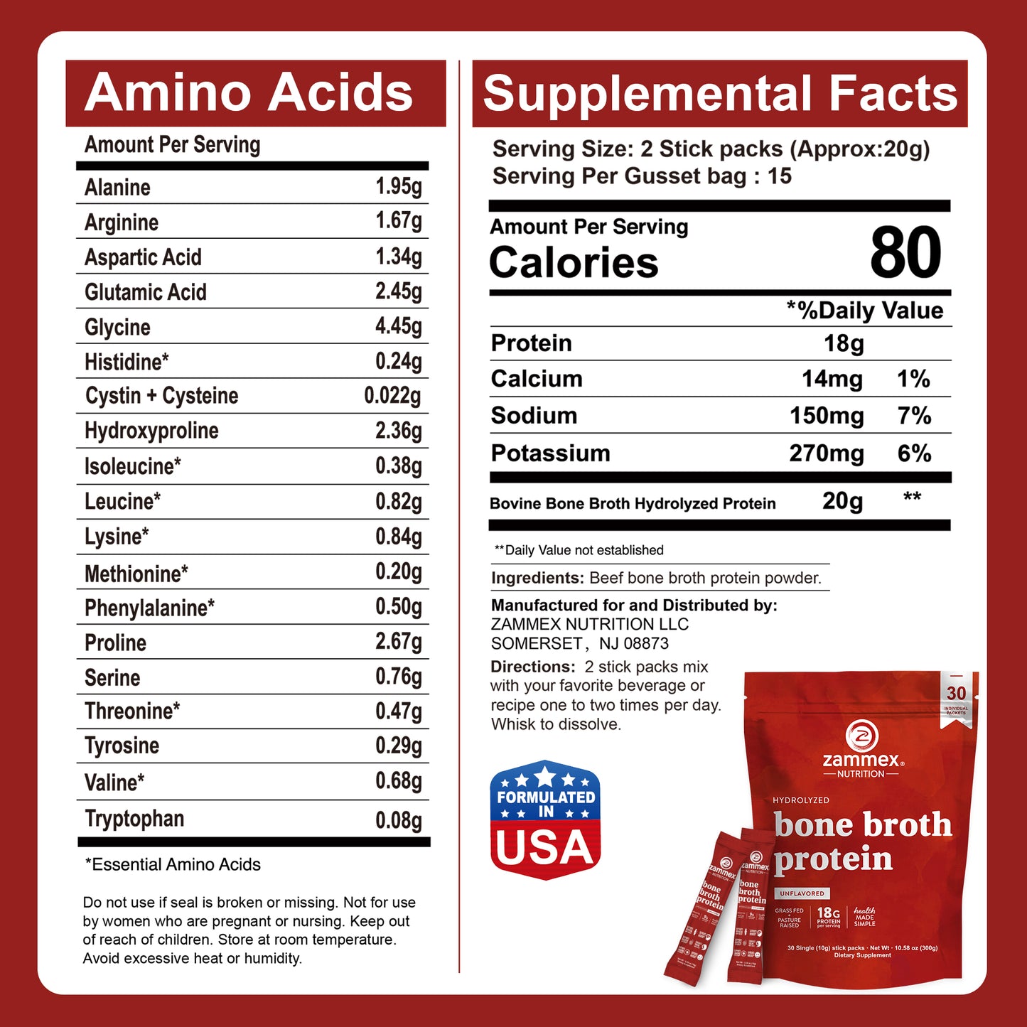 Single stick packet of Zammex Bone Broth Protein Powder with scoop of hydrolyzed grass-fed protein supplement.