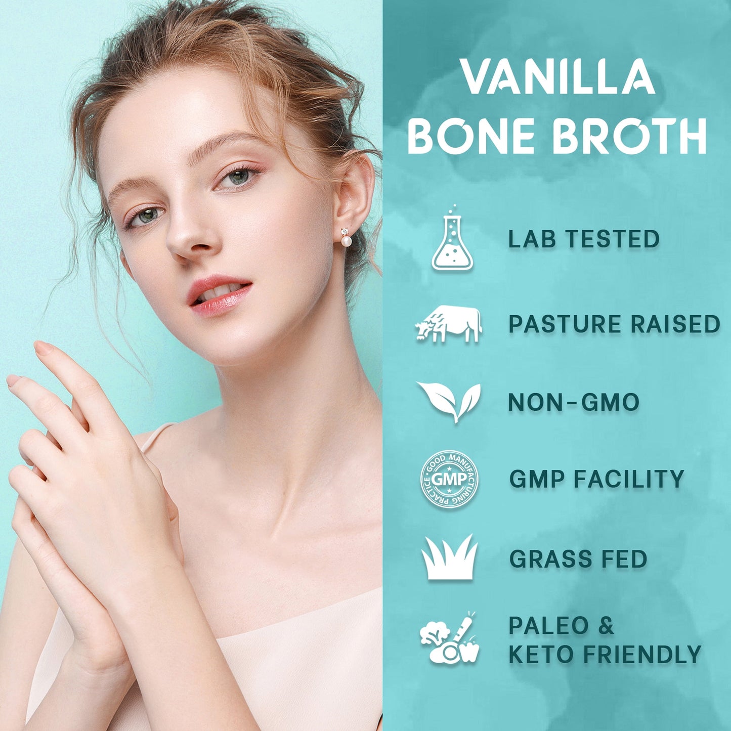 Zammex Bone Broth Protein Vanilla promoting glowing skin, stronger hair, and healthy nails with grass-fed collagen.