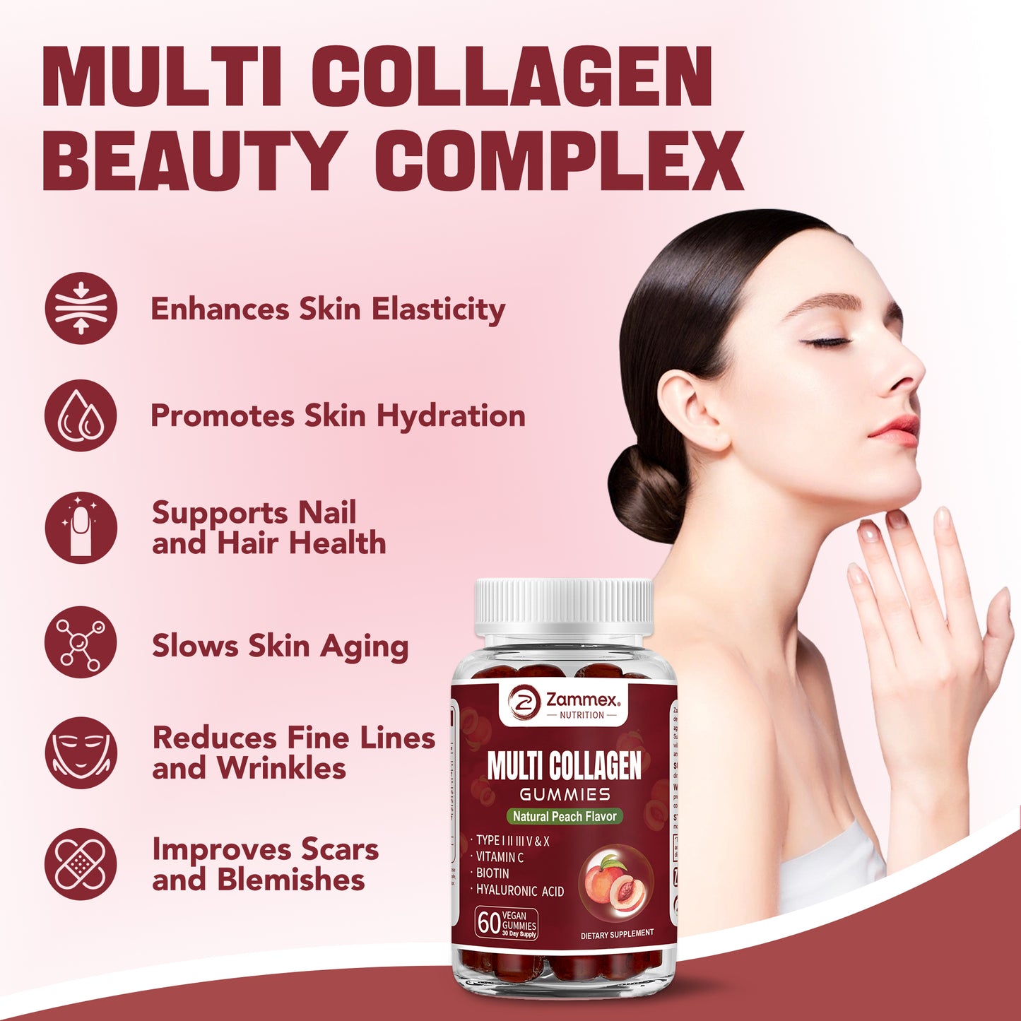 Zammex Multi Collagen Gummies promoting youthful skin, hydration, and elasticity with biotin and hyaluronic acid.