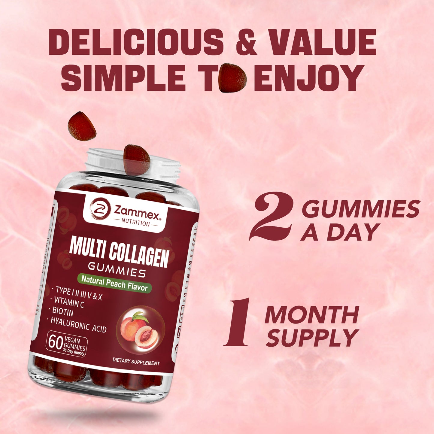 Zammex Multi Collagen Gummies supporting strong hair and nails with a blend of 5 collagen types and nutrients.
