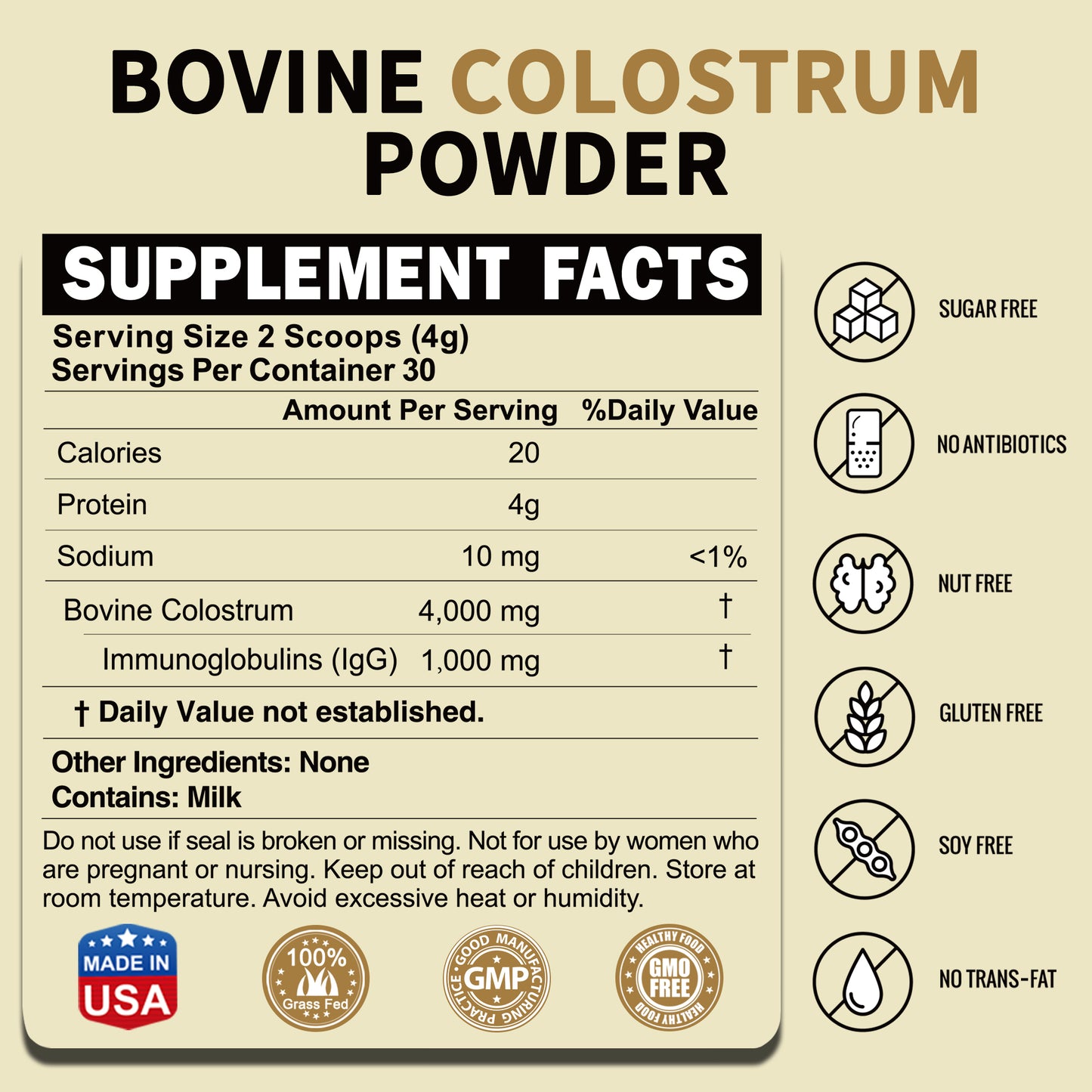 Back label of Zammex Grass-Fed Bovine Colostrum Powder showing nutrition facts and supplement information.