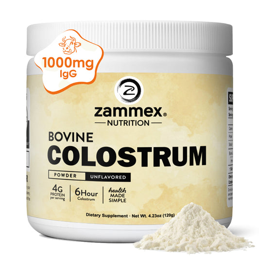 Zammex Grass-Fed Bovine Colostrum Powder supplement jar front view for immune and gut health support.