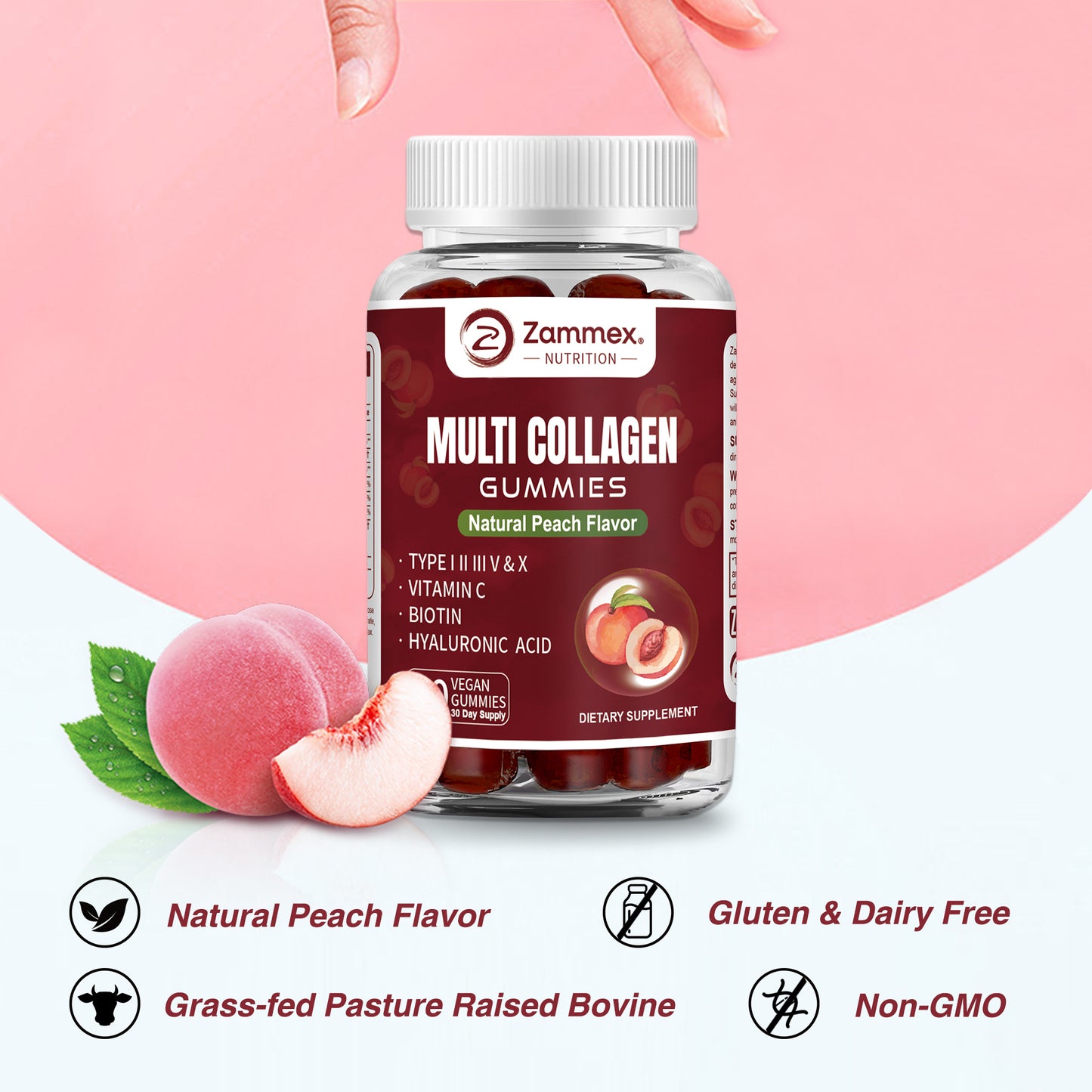 Zammex Multi Collagen Gummies containing types I, II, III, V, and X collagen from bovine, marine, chicken, and eggshell sources.