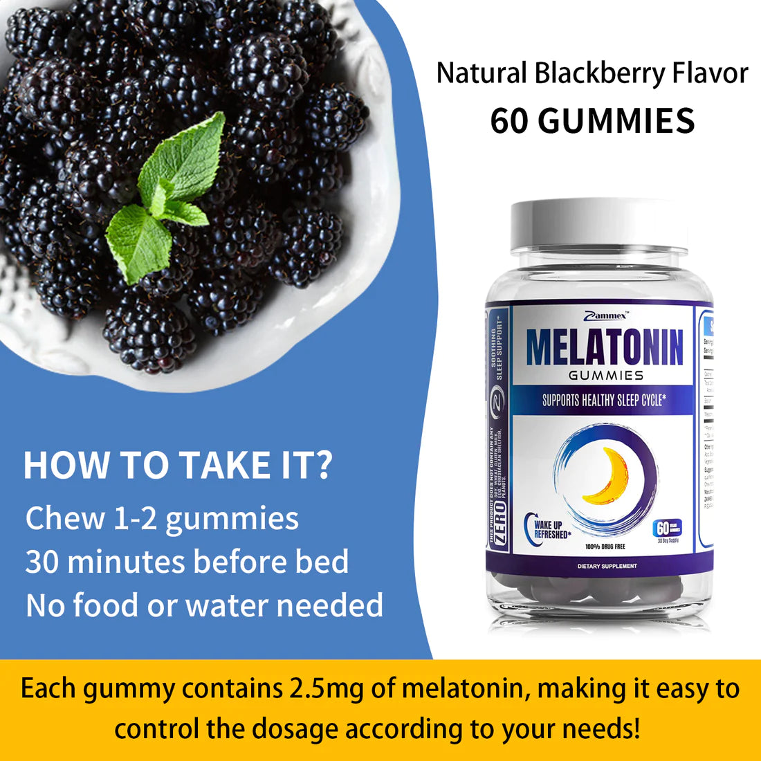 Zammex Melatonin Gummies in natural blackberry flavor, vegan and drug-free sleep aid supplements.