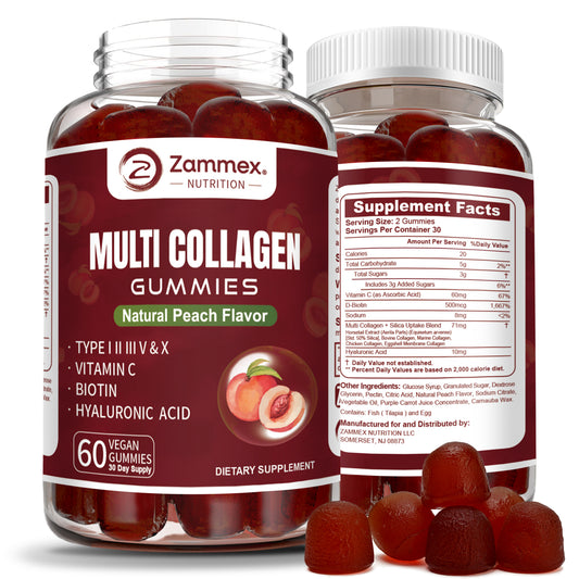 Zammex Multi Collagen Peptides Gummies bottle, collagen supplement for skin, nails, hair, and joint health.