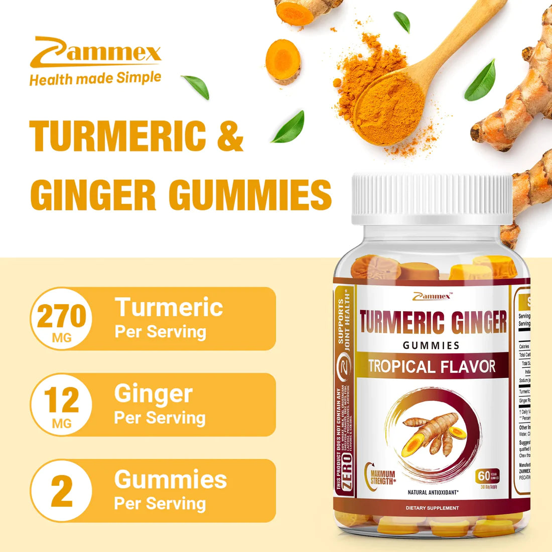 Zammex Turmeric & Ginger Gummies bottle front view — 270mg turmeric and 12mg ginger per serving for joint and immune support.