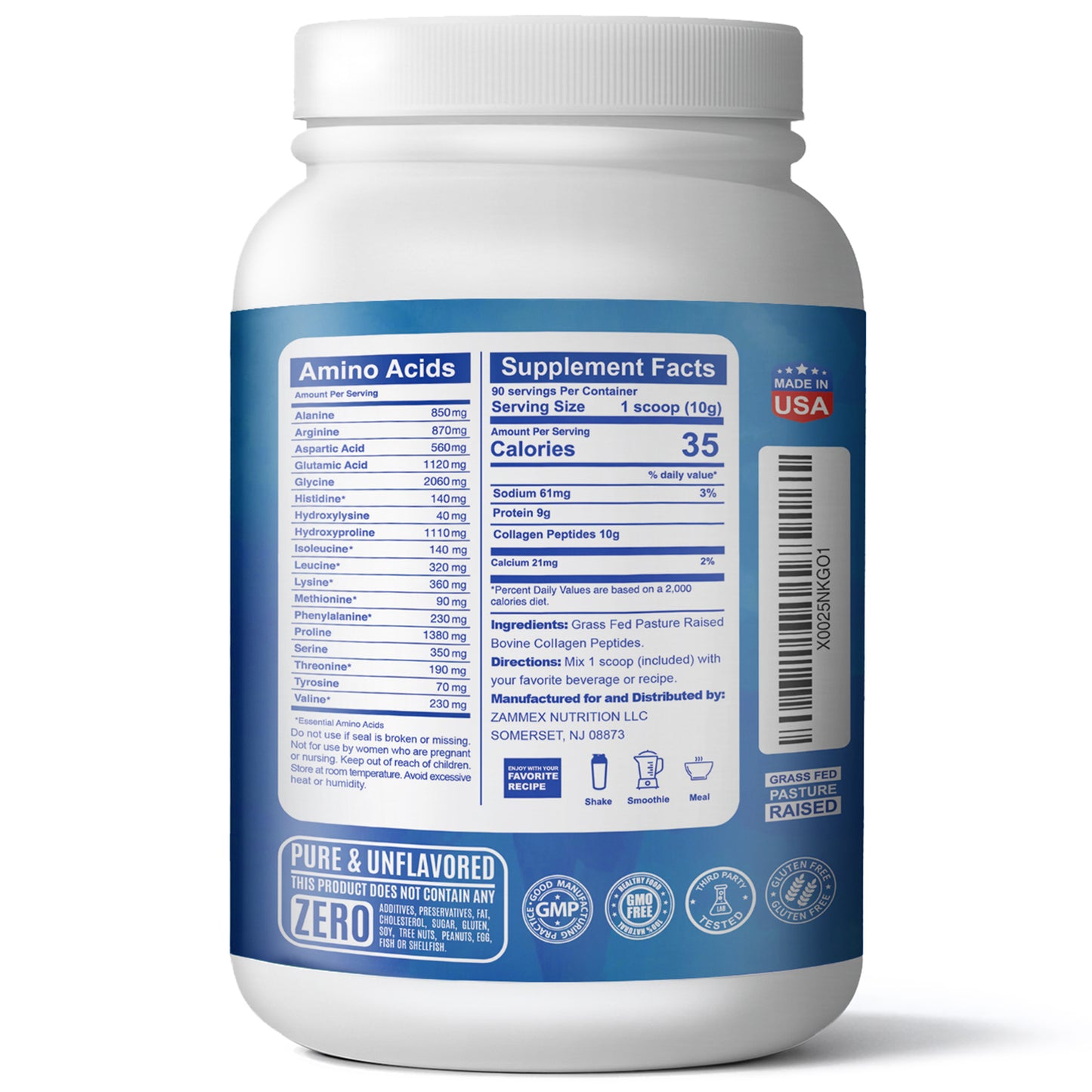 Zammex Hydrolyzed Collagen Peptides Powder 2 lbs Unflavoured