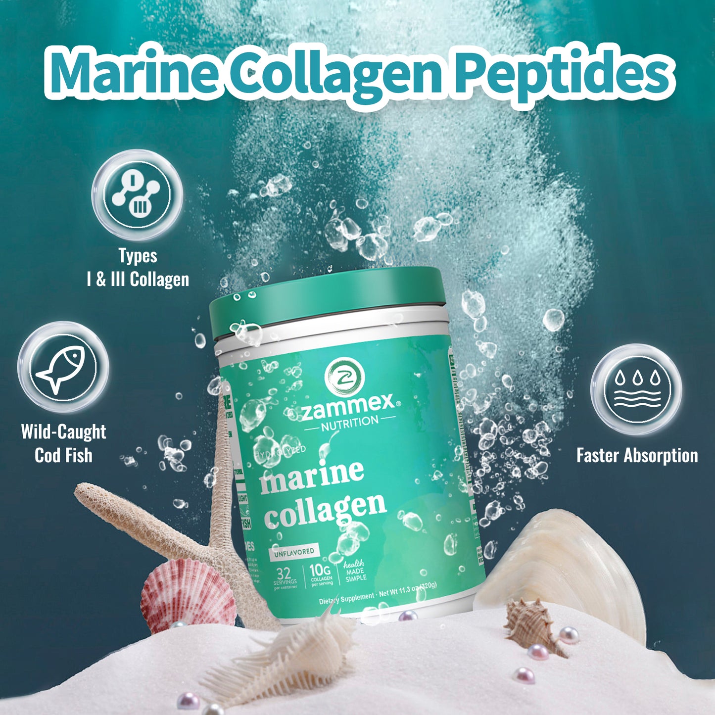 Zammex Marine Collagen Peptides Powder 11.3oz