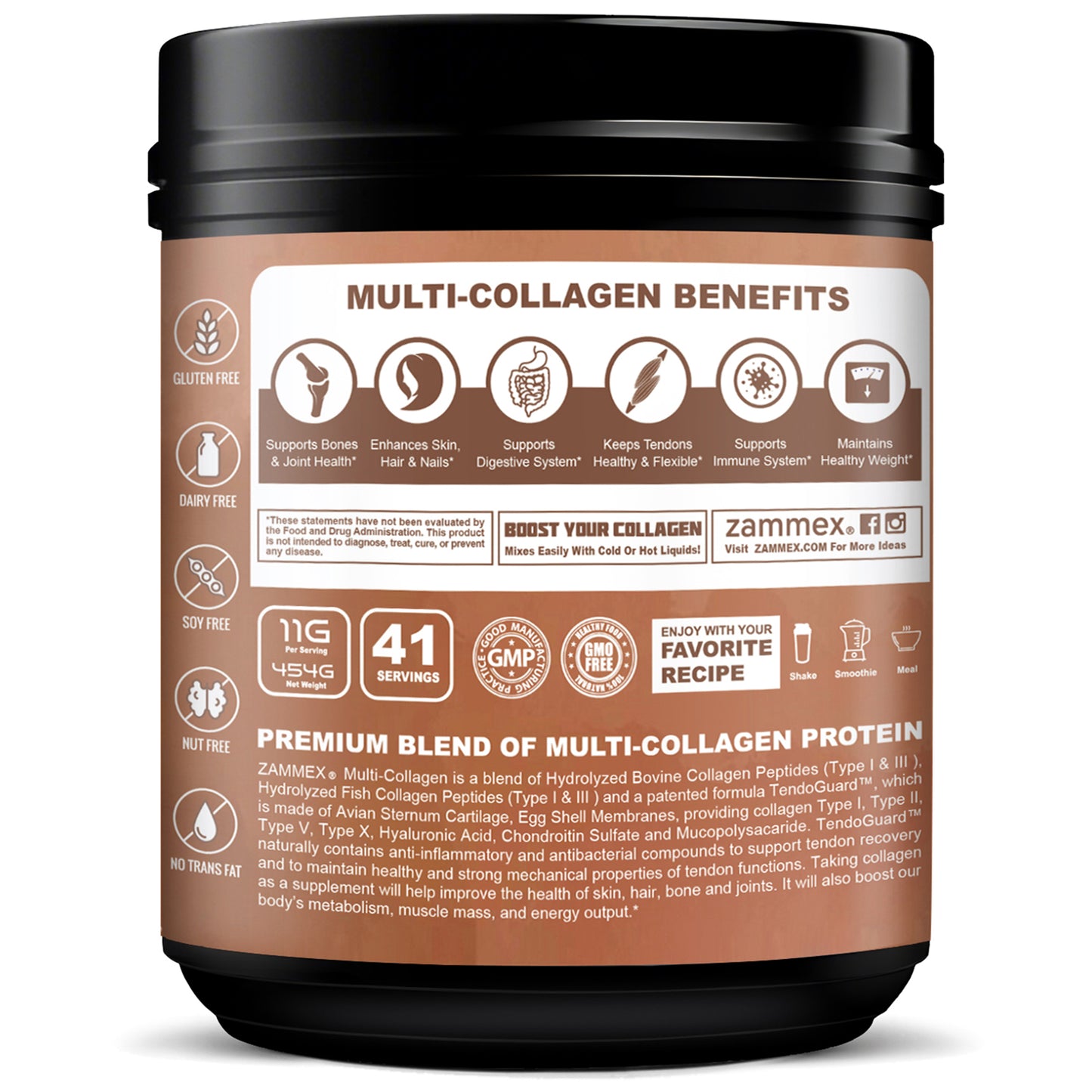 Zammex Multi Collagen Protein Powder 1lb Chocolate Coconut Flavor