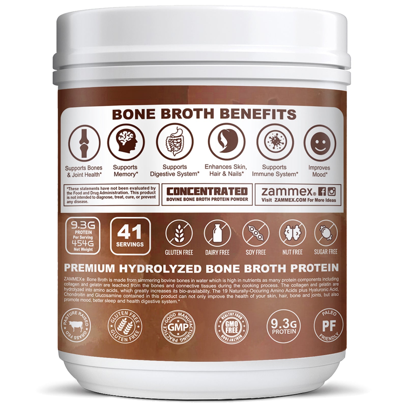 protein Zammex Bone Broth Protein Powder 1 lb, Chocolate Flavor