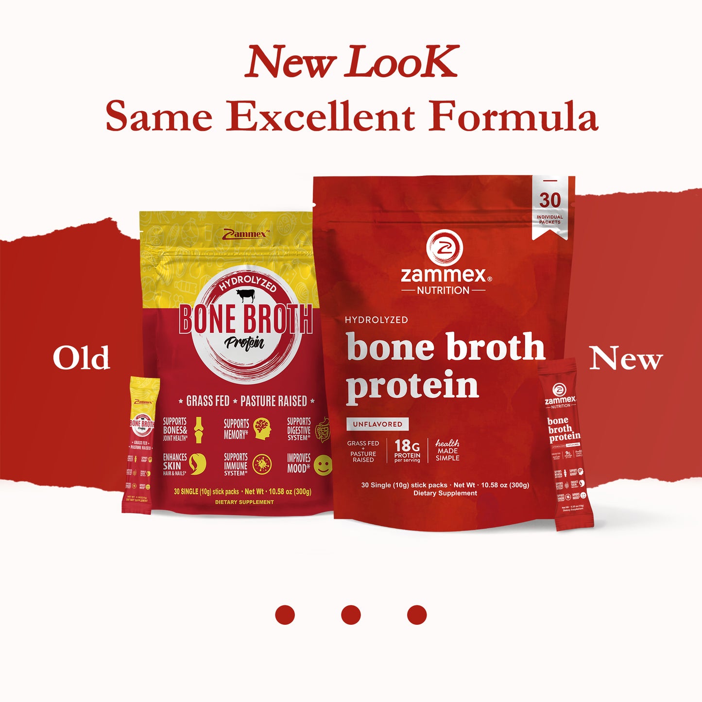 Zammex Hydrolyzed Bone Broth Protein Powder, Natural Flavor, 30 Travel Packets, Supports Muscle, Joint, Skin, Hair, Immunity, Digestion, Dietary Collagen Supplement