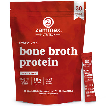Zammex Hydrolyzed Bone Broth Protein Powder, Natural Flavor, 30 Travel Packets, Supports Muscle, Joint, Skin, Hair, Immunity, Digestion, Dietary Collagen Supplement