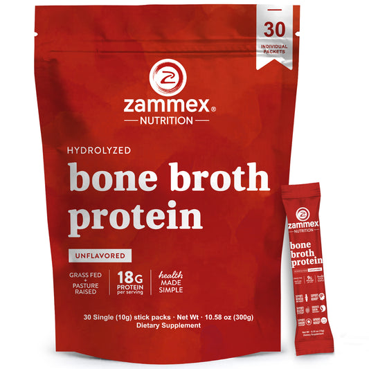 Zammex Hydrolyzed Bone Broth Protein Powder, Natural Flavor, 30 Travel Packets, Supports Muscle, Joint, Skin, Hair, Immunity, Digestion, Dietary Collagen Supplement