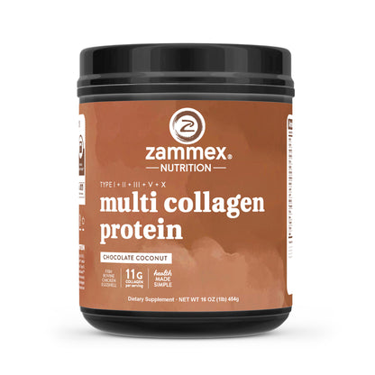 Zammex Multi Collagen Protein Powder 1lb Chocolate Coconut Flavor, Collagen Peptides for Women,  Supports Skin, Hair, Nails, Fitness Supplement