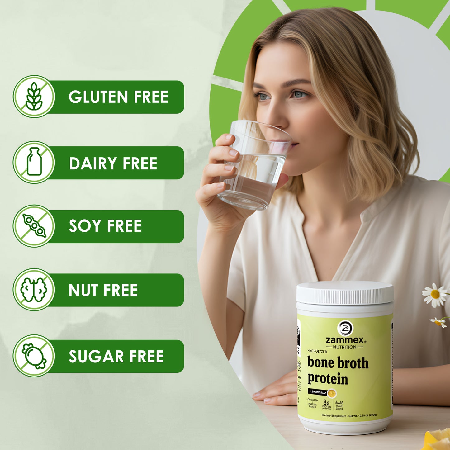 Zammex Bone Broth Protein Powder, Lemongrass Flavor