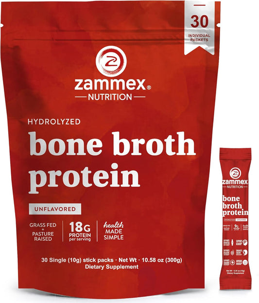 Zammex Hydrolyzed Bone Broth Protein Powder, Natural Flavor, 30 Travel Packets, Supports Muscle, Joint, Skin, Hair, Immunity, Digestion, Dietary Collagen Supplement