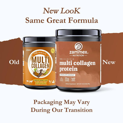 Zammex Multi Collagen Protein Powder 1lb Chocolate Coconut Flavor, Collagen Peptides for Women,  Supports Skin, Hair, Nails, Fitness Supplement