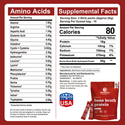 Single stick packet of Zammex Bone Broth Protein Powder with scoop of hydrolyzed grass-fed protein supplement.