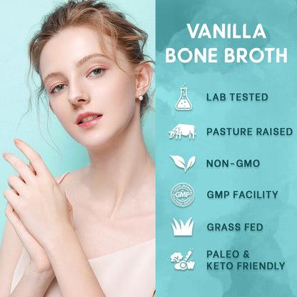Zammex Bone Broth Protein Vanilla promoting glowing skin, stronger hair, and healthy nails with grass-fed collagen.