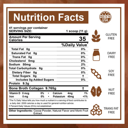 Scoop of Zammex Chocolate Bone Broth Protein Powder showing rich hydrolyzed collagen peptides for easy mixing.