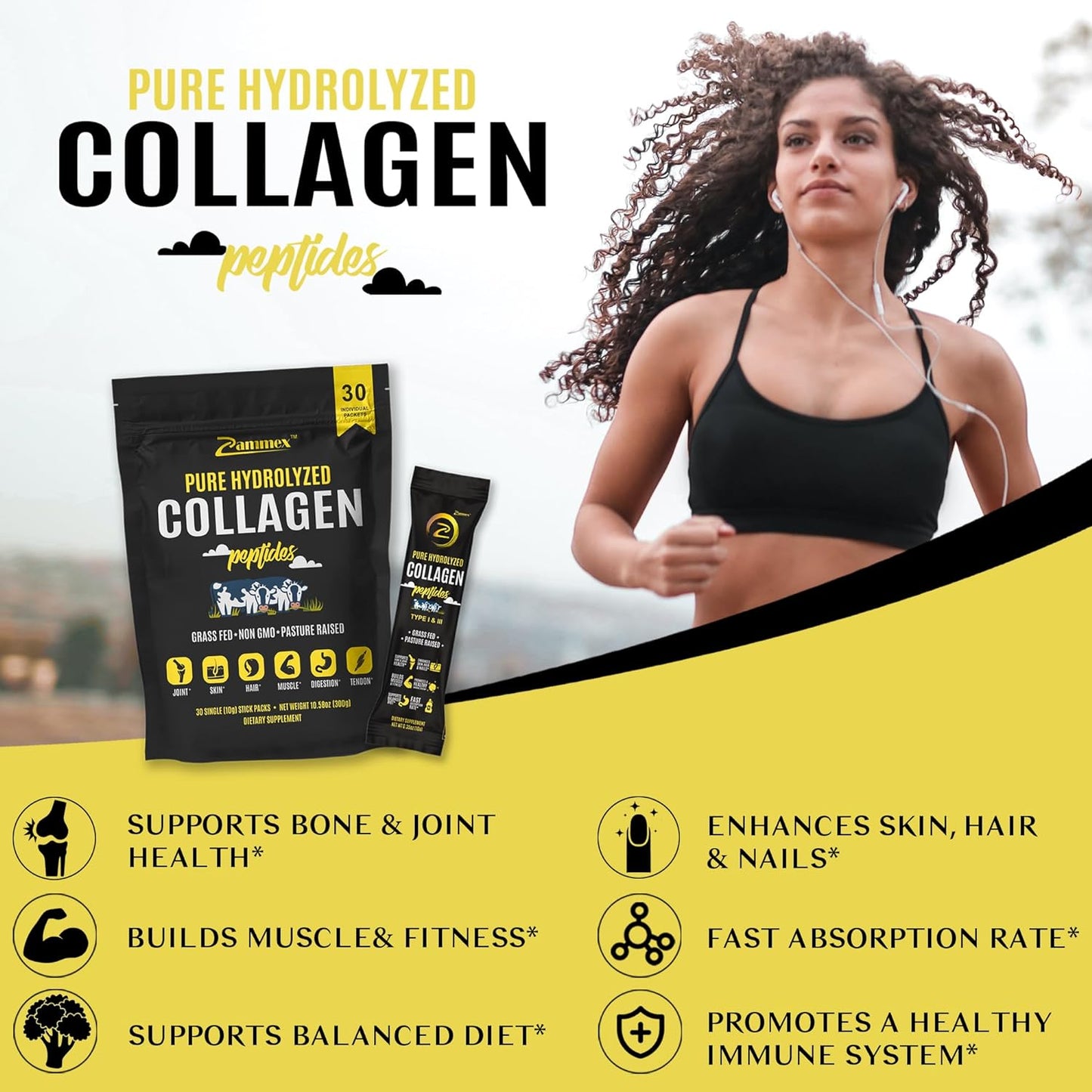 Zammex Collagen Peptides supporting youthful skin, strong nails, and healthy hair with hydrolyzed grass-fed collagen.