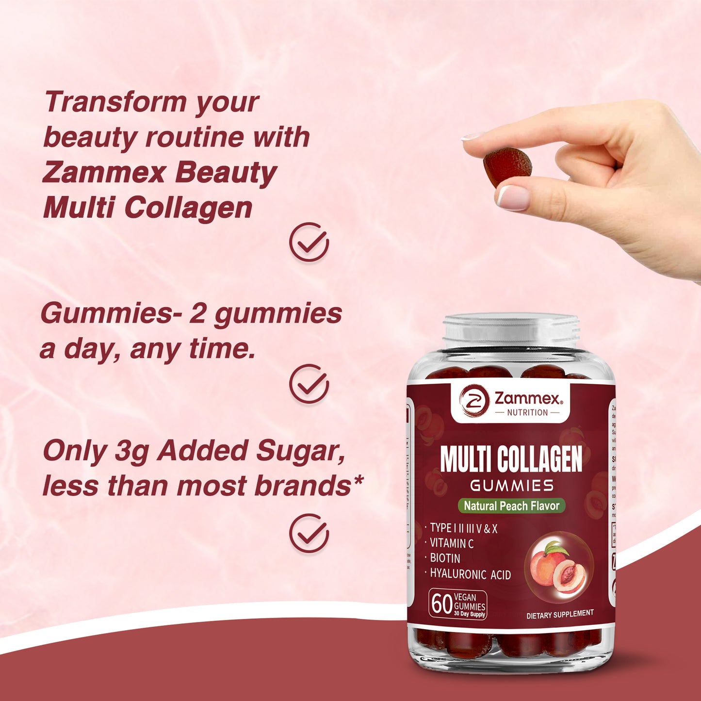Zammex Multi Collagen Peptides Gummies formulated to strengthen bones and joints with collagen and vitamin C.