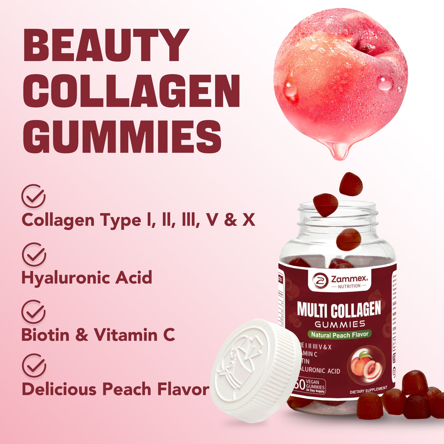 Zammex Multi Collagen Gummies on a kitchen counter, convenient daily collagen supplement for beauty and wellness.