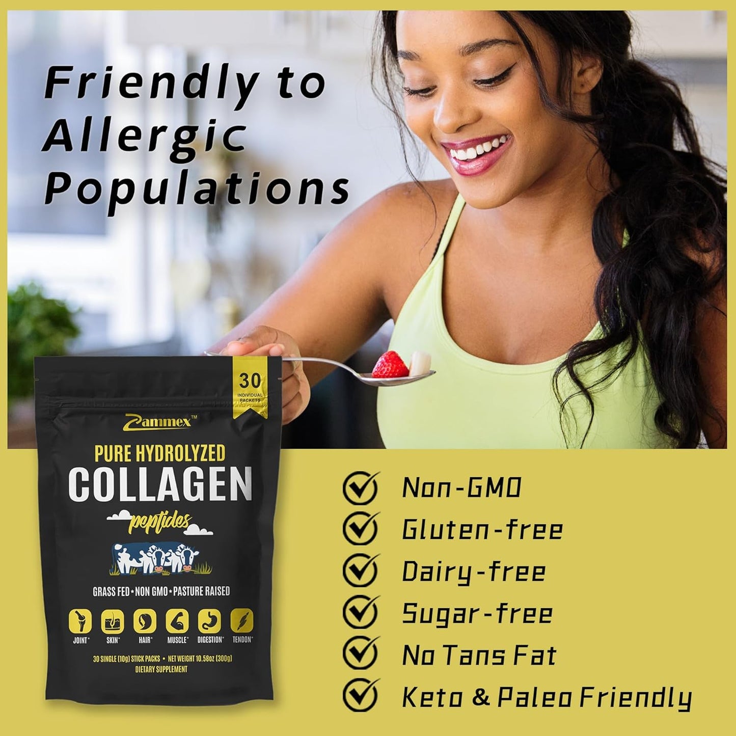 Zammex Hydrolyzed Collagen Peptides promoting joint flexibility, gut health, and digestive wellness.
