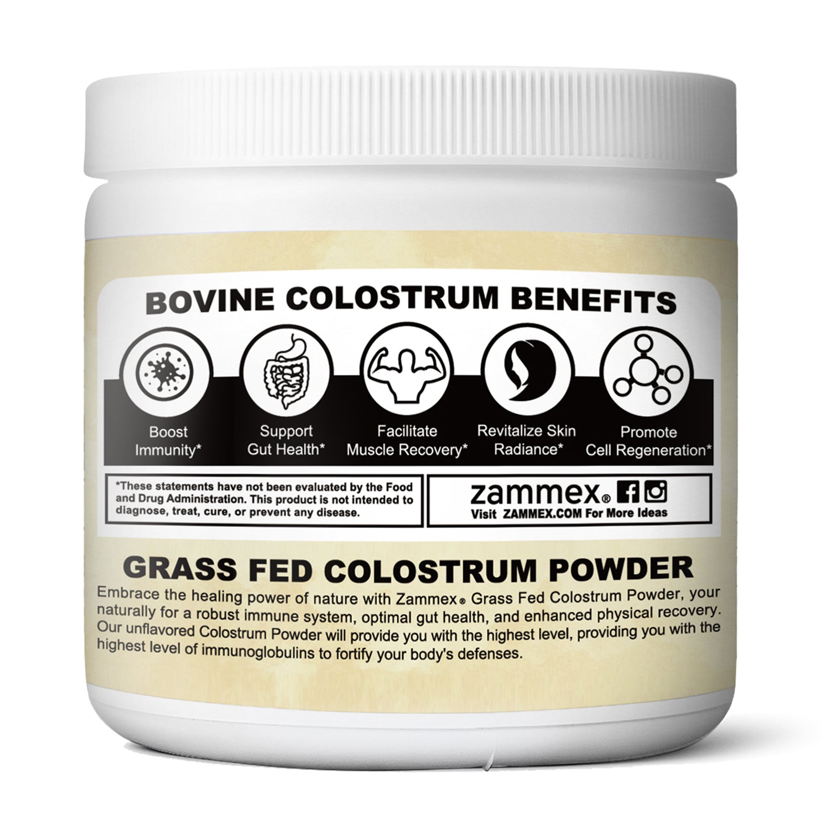 Scoop of Zammex Grass-Fed Bovine Colostrum Powder rich in IgG and protein for immune support and recovery.