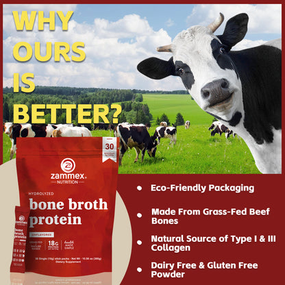 Close-up of Zammex Hydrolyzed Bone Broth Protein Powder showing fine collagen-rich texture for easy mixing.