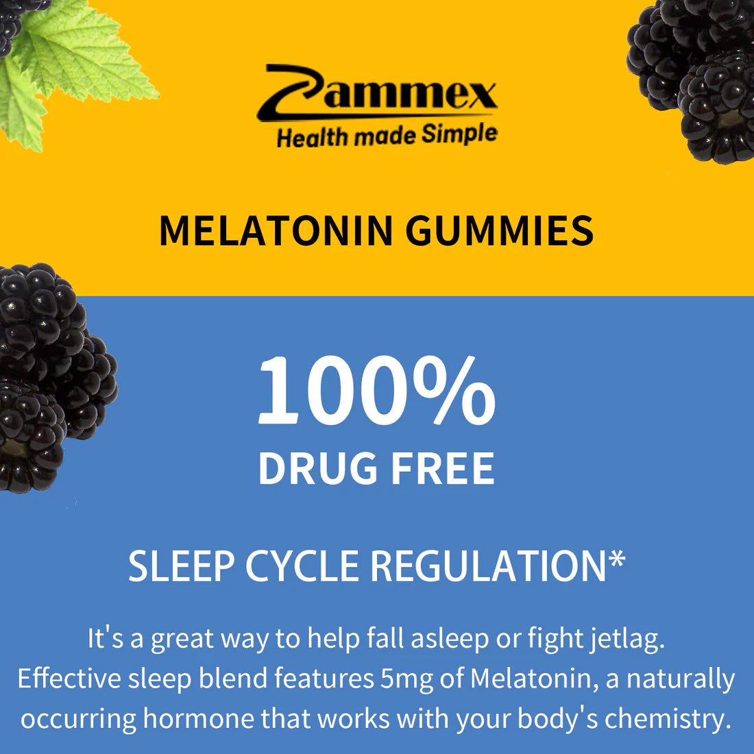 Zammex Melatonin Gummies crafted with clean, natural ingredients for drug-free, non-habit-forming sleep support.