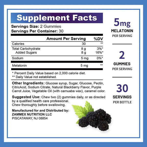 Supplement facts label of Zammex Melatonin Gummies showing 5mg melatonin per 2 gummies serving.