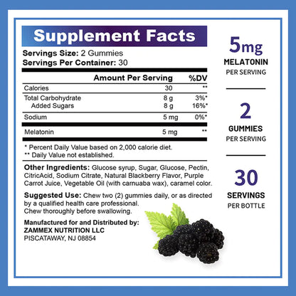 Supplement facts label of Zammex Melatonin Gummies showing 5mg melatonin per 2 gummies serving.