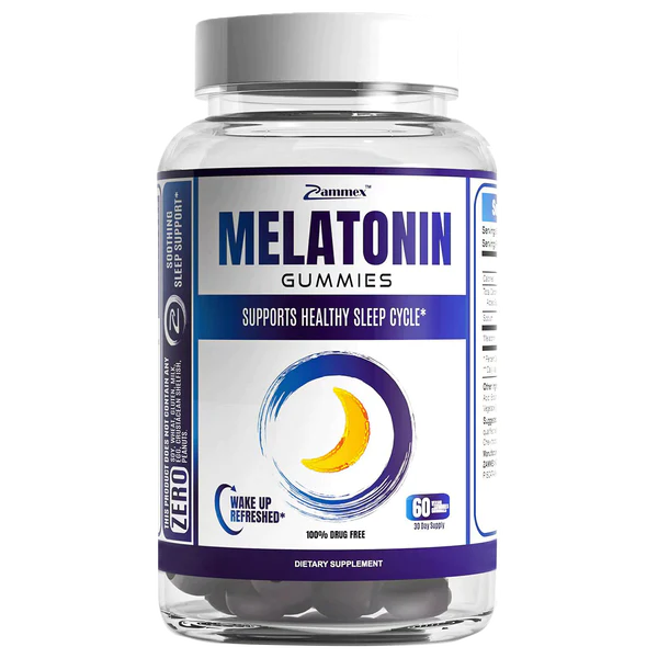 Zammex Melatonin Gummies bottle with 5mg per serving for natural sleep support and restful nights.